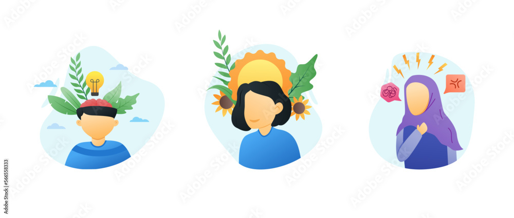 mental health day. mental illness month 3 set option Mental health, happiness, harmony creative abstract concept. Happy male and female heads with flowers inside. Mindfulness, positive thinking, hijab mental health day. mental illness month 3 set option Mental health, happiness, harmony creative abstract concept. Happy male and female heads with flowers inside. Mindfulness, positive thinking, hijab