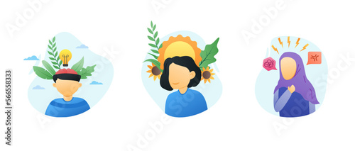 mental health day. mental illness month 3 set option Mental health, happiness, harmony creative abstract concept. Happy male and female heads with flowers inside. Mindfulness, positive thinking, hijab