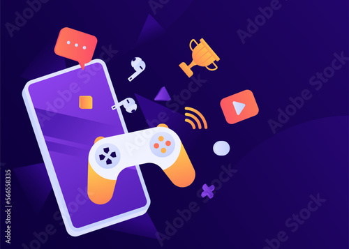game icon and background with big illustration of smartphone and stick, player gaming Future Game Pad Background. playstation console, vector illustration. Online gaming concept. Game Console joystick