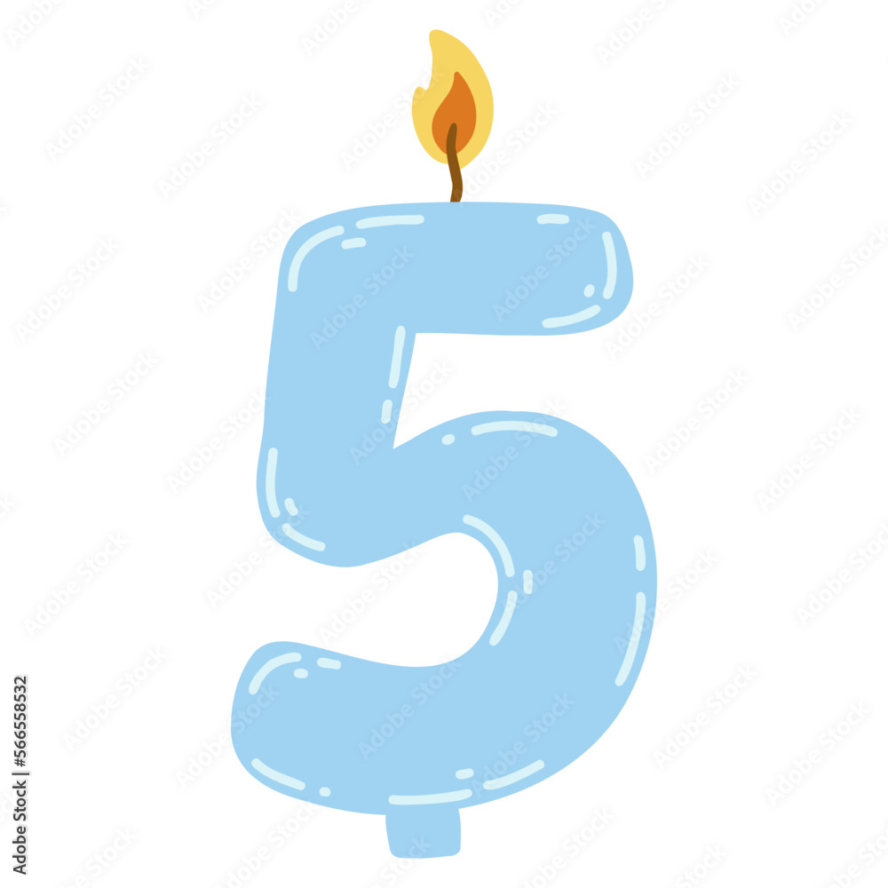 Fototapeta premium Candle number five in flat style. Hand drawn vector illustration of 5 symbol burning candle, design element for birthday cakes