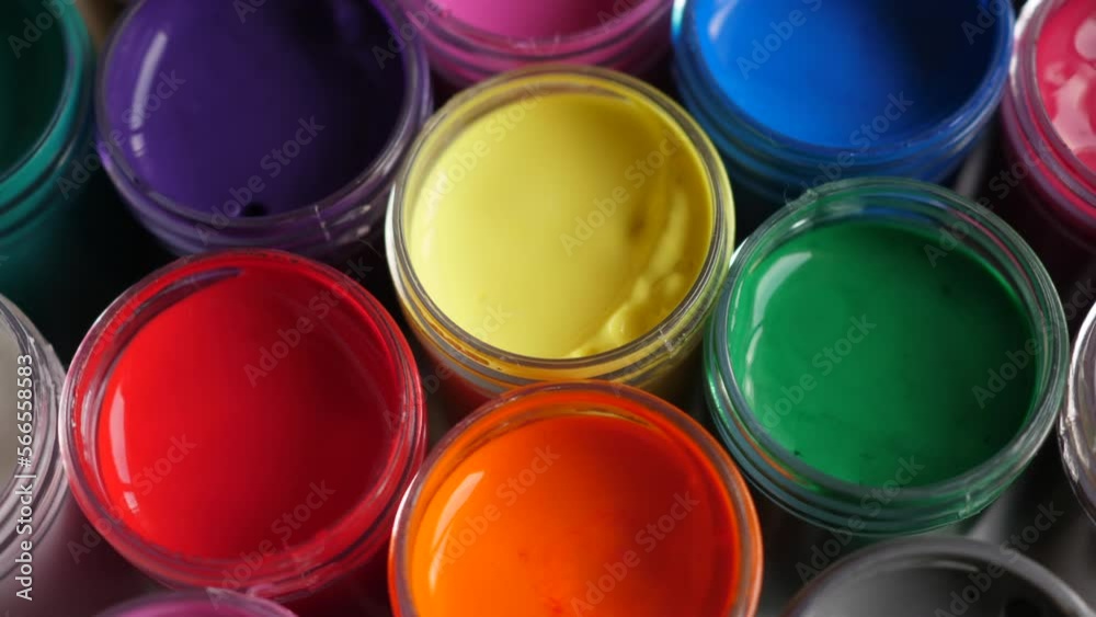 Set Gouache Paints in Jars Bright Color Close Up. Rotation Set of Multicolor Gouache on Plastic Jars. Rotation Multicolor Background. Background of Multi Colored Paint. Creative Drawing Art Hobby. Set Gouache Paints in Jars Bright Color Close Up. Rotation Set of Multicolor Gouache on Plastic Jars. Rotation Multicolor Background. Background of Multi Colored Paint. Creative Drawing Art Hobby.