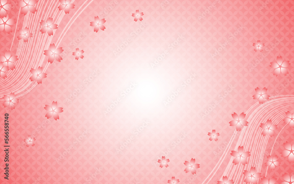 濃いピンクの七宝柄の地模様に桜と流線がアレンジされた背景