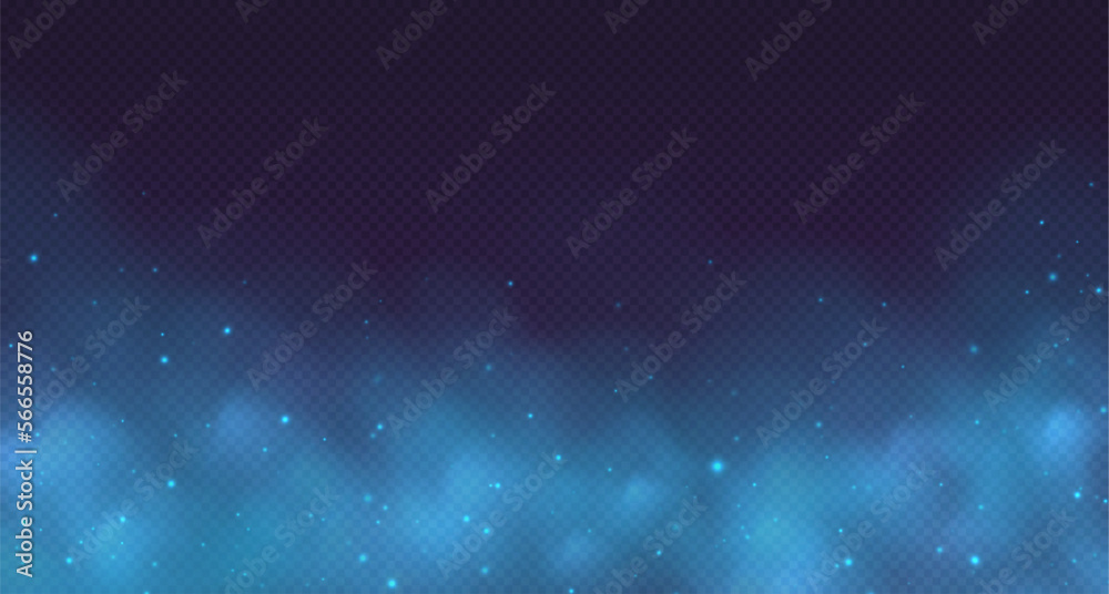 Blue magic smoke, transparent fog with sparkles, glowing colorful haze, mistery background with particles. Colored powder effect, universe atmosphere with starlight. Vector illustration.
