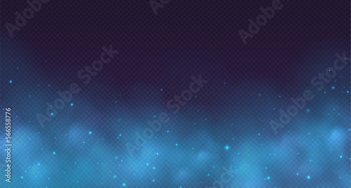 Blue magic smoke, transparent fog with sparkles, glowing colorful haze, mistery background with particles. Colored powder effect, universe atmosphere with starlight. Vector illustration.