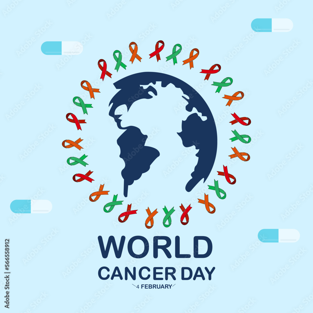 Minimalistic colorful vector illustration with awareness ribbon for world cancer day 4th february.