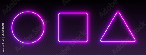 Neon gradient frames, glowing borders set, colorful futuristic UI design elements. Vibrant geometric shapes, modern signs collection. Bright circle, square and triangle. Vector illustration.
