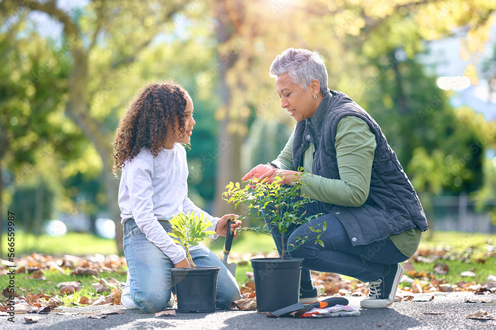 Obraz premium Woman, child and plant while gardening in a park with trees in nature, agriculture or garden. Volunteer team planting for growth, ecology and sustainability for community environment on Earth day