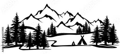 Black silhouette of mountains and forest fir trees tent campfire camping landscape panorama illustration icon vector for logo  isolated on white background