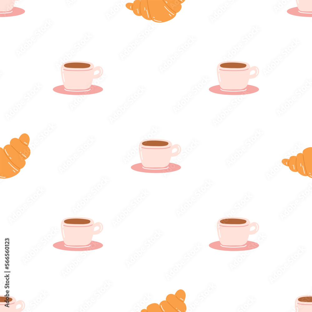 Seamless pattern with coffee mug and croissant on white background. Flat vector texture for wrapping paper, textile, web design Seamless pattern with coffee mug and croissant on white background. Flat vector texture for wrapping paper, textile, web design