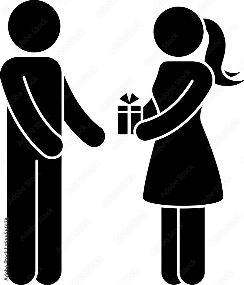 Romantic stick figure couple in love giving present icon. Black and ...
