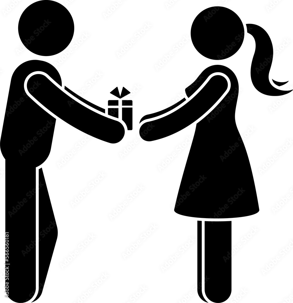 Happy stick figure couple in love giving present icon. Black and white ...
