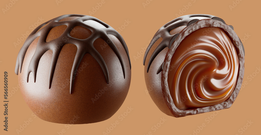 Fototapeta premium Delicious chocolate filled truffle. Isolated background. Praline chocolate 3d illustration