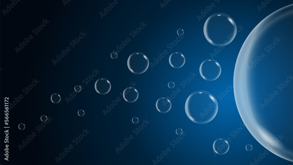 Soap bubbles fly horizontally from darkness to light. Realistic 3d vector on a dark background