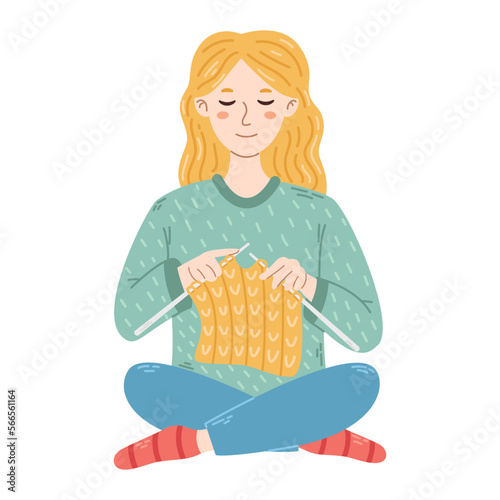 Smiling girl knitting warm clothes. Relaxing hobby. Vector illustration in flat design. Cozy crafting hobby. Young woman knit things on the needles.