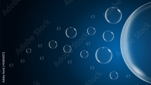 Soap bubbles fly horizontally from darkness to light. Realistic 3d vector on a dark background