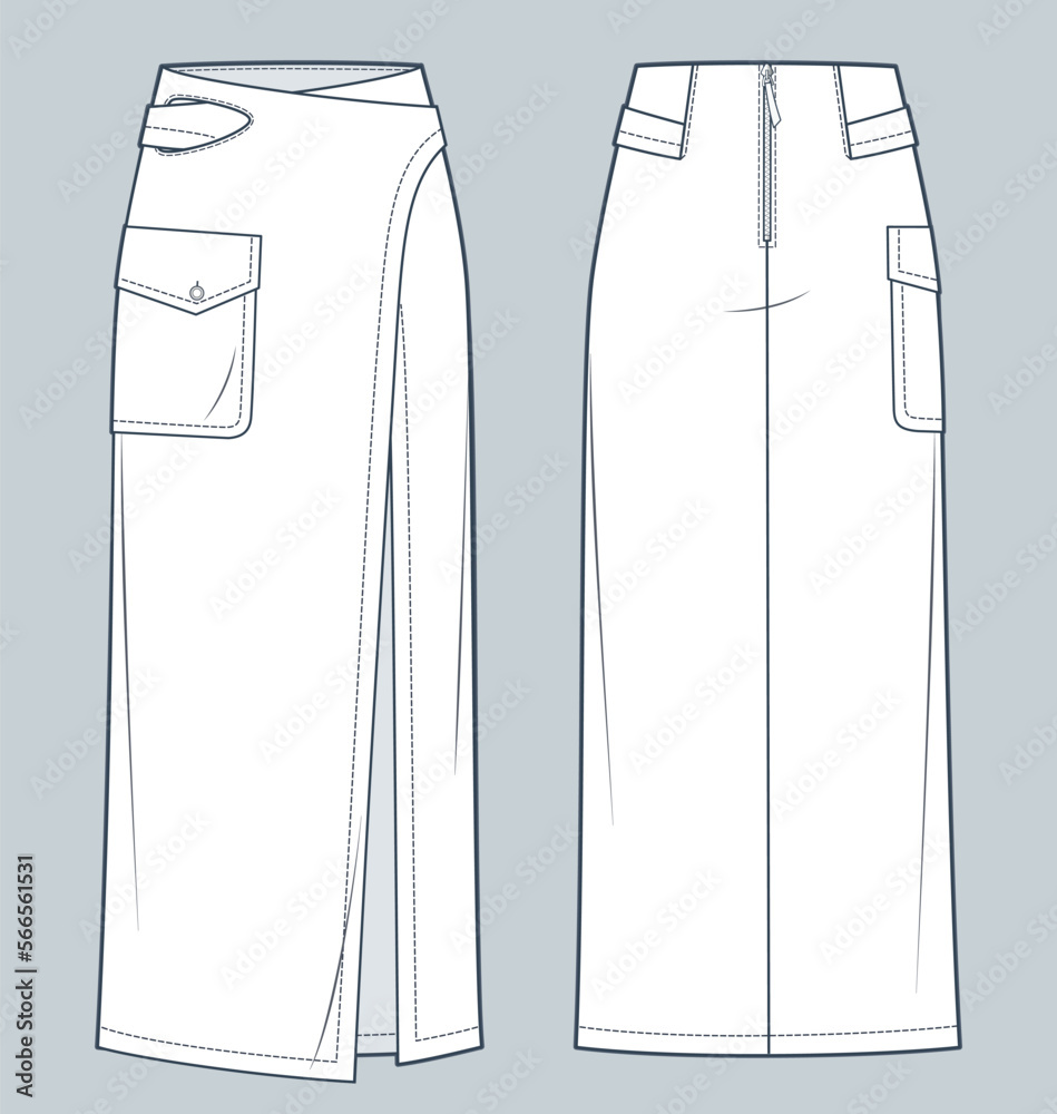 Wrap maxi Skirt technical fashion illustration. Asymmetric Denim Skirt fashion flat technical drawing template, pocket, zip-up, front and back view, white, women CAD mockup. Wrap maxi Skirt technical fashion illustration. Asymmetric Denim Skirt fashion flat technical drawing template, pocket, zip-up, front and back view, white, women CAD mockup.