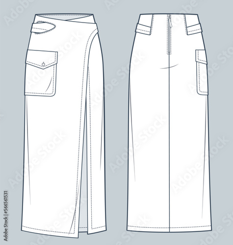 Wrap maxi Skirt technical fashion illustration. Asymmetric Denim Skirt fashion flat technical drawing template, pocket, zip-up, front and back view, white, women CAD mockup.
