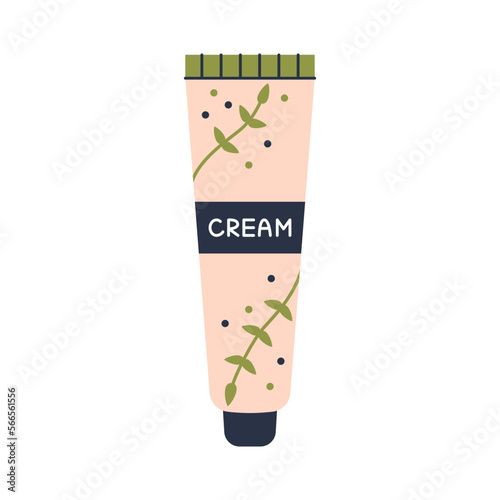 Vector cream tube with green leaves in flat design. Beauty and skincare cosmetic. Daily routine. Botanical tube of cream.