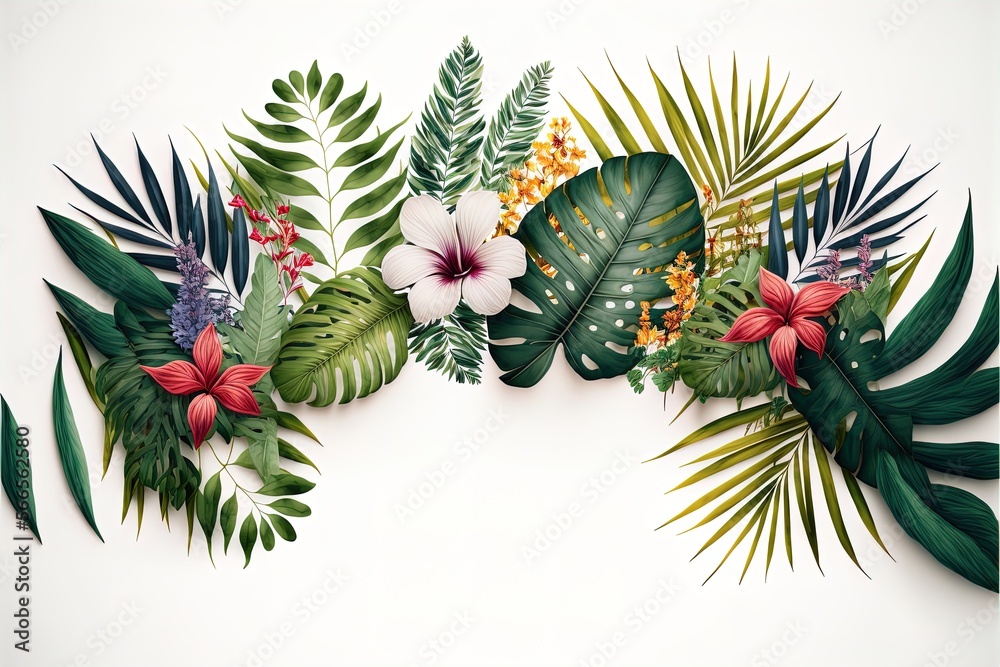 Abstract tropical leaves and flowers on isolated white background with empty space for text.