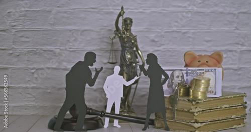 Silhouettes of couples discussing property rights with a mediator. Concept of divorce and discussion.