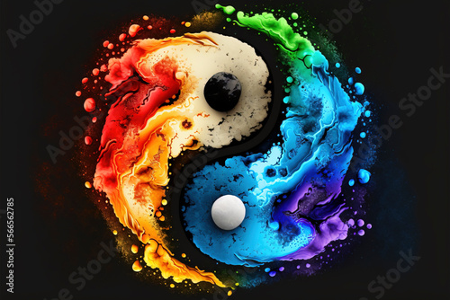 Ying Yang, Jing Jang, Happy Holi colorful background. Festival of colors, colorful rainbow holi paint color powder explosion isolated white wide panorama background. photo