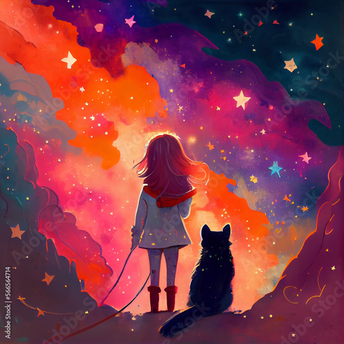 a little girl and a cat are looking at the colorful sky