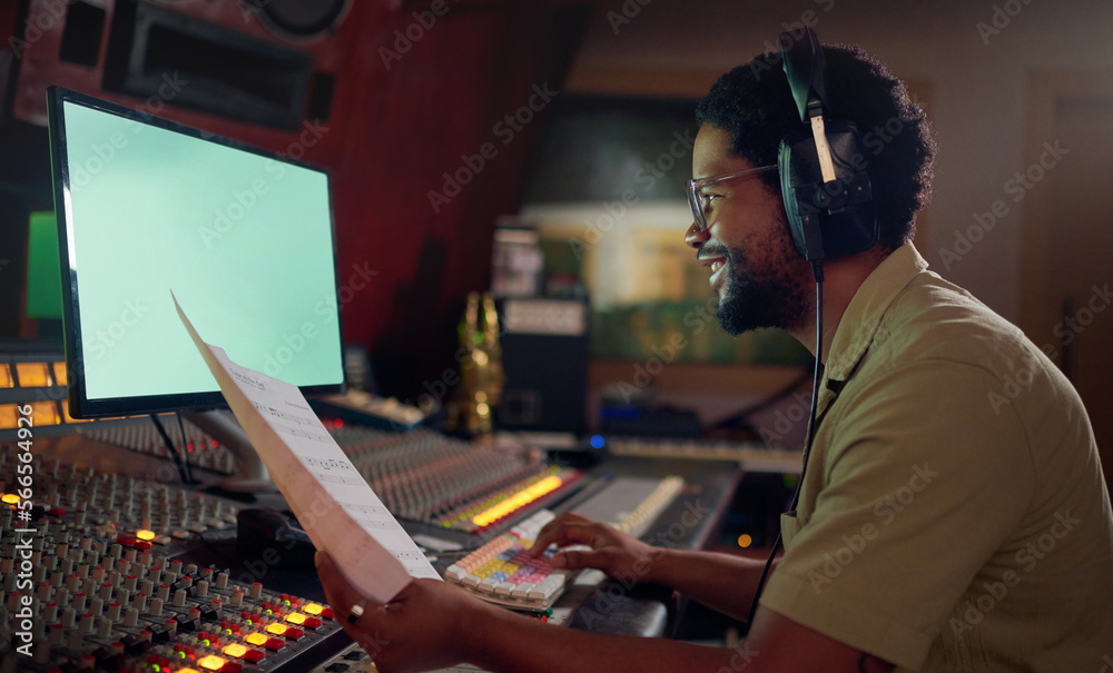 Man, happy or music sheets in recording, sound engineering or song composition studio. Producer, singer or smile musician with headphones on technology mockup for radio, audio or media album mixing