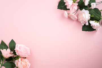 Valentine's Day and Mother's Day design concept background with pink flower and gift on pink background.