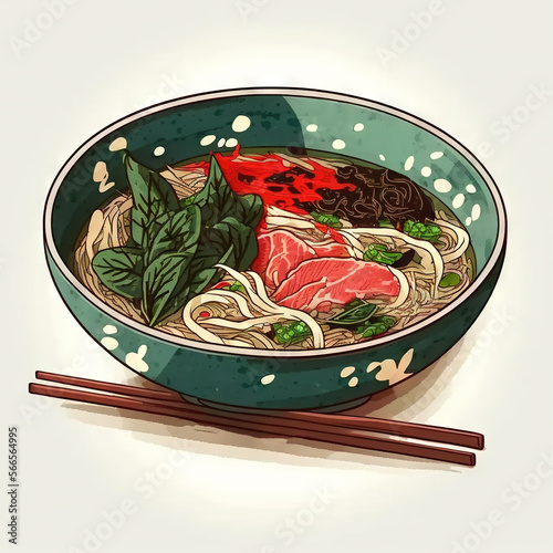 Pho bo soup in a bowl. Traditional spicy vietnamese meal with noodles and broth. Plate with lime and chopstick on white background. Generative AI