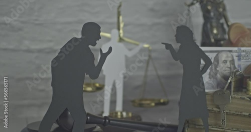 Silhouettes of couples discussing property rights with a mediator. Concept of divorce and discussion.