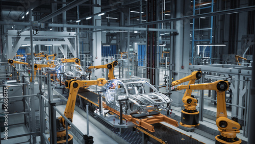 Car Factory 3D Concept: Automated Robot Arm Assembly Line Manufacturing High-Tech Green Energy Electric Vehicles. Construction, Building, Welding Industrial Production Conveyor. Elevated Wide Shot