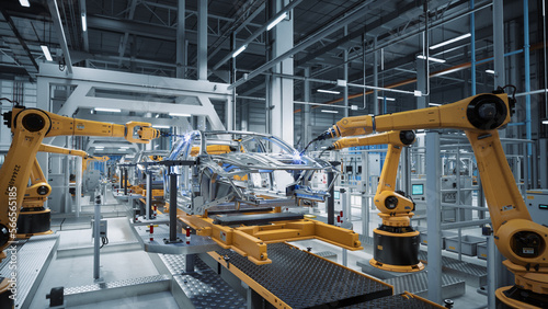 Car Factory 3D Concept: Automated Robot Arm Assembly Line Manufacturing High-Tech Green Energy Electric Vehicles. Automatic Construction, Building, Welding Industrial Production Conveyor. 