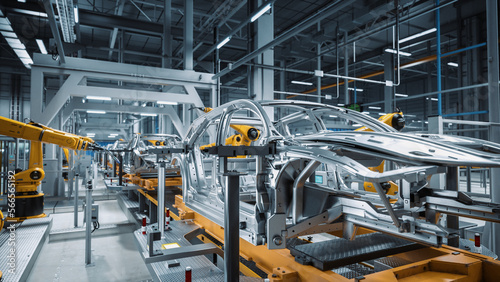 Car Factory 3D Concept: Automated Robot Arm Assembly Line Manufacturing High-Tech Green Energy Electric Vehicles. Automatic Construction, Building, Welding Industrial Production Conveyor. 