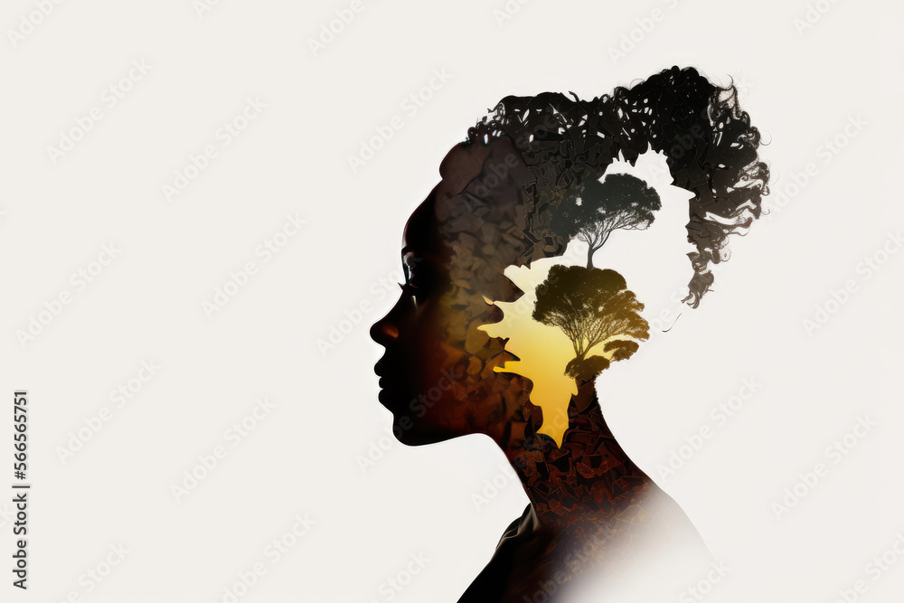 Semi-transparent profile of a black woman with afro hair and a beautiful landscape inside of her. Thinking about the paradise. Generative AI - obrazy, fototapety, plakaty 