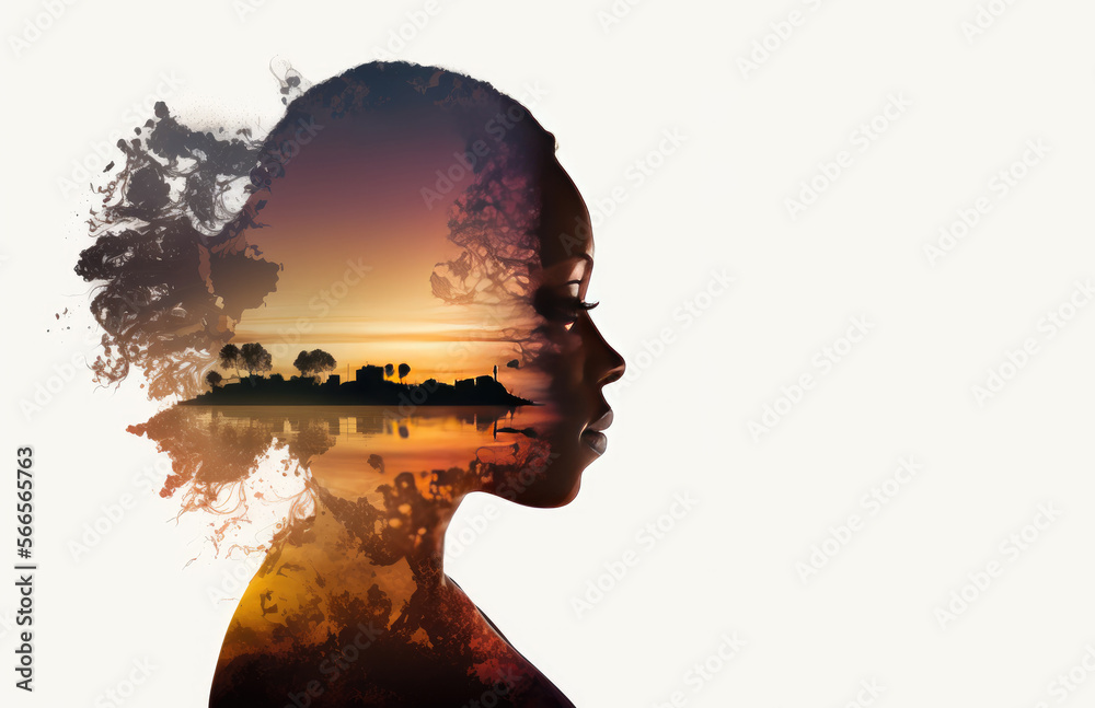 Semi-transparent profile of a black woman with afro hair and a beautiful landscape inside of her. Thinking about the paradise. Generative AI Semi-transparent profile of a black woman with afro hair and a beautiful landscape inside of her. Thinking about the paradise. Generative AI