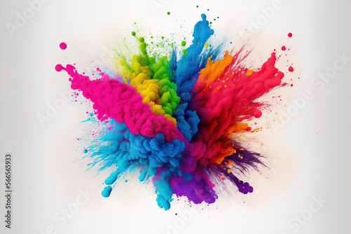 Happy Holi colorful background. Festival of colors, colorful rainbow holi paint color powder explosion isolated white wide panorama background.