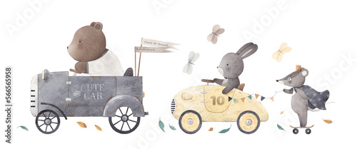 Watercolor illustration. A bear in a retro car, a bunny on a sport car, a rat wizard on a skateboard. Animal friends go on an adventure. Watercolor set. Baby postcard.