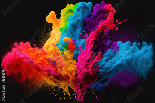 Happy Holi colorful background. Festival of colors, colorful rainbow holi paint color powder explosion isolated white wide panorama background.