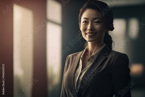 Smiling confident asian young businesswoman portrait. Generative AI illustration.