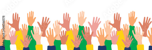 Raised hands with Brazil flag colors on white background. Vector illustration hands of multi ethnic people. Вrazil nation, culture. elections in Вrazil.Brazilian seamless pattern.The Independence Day