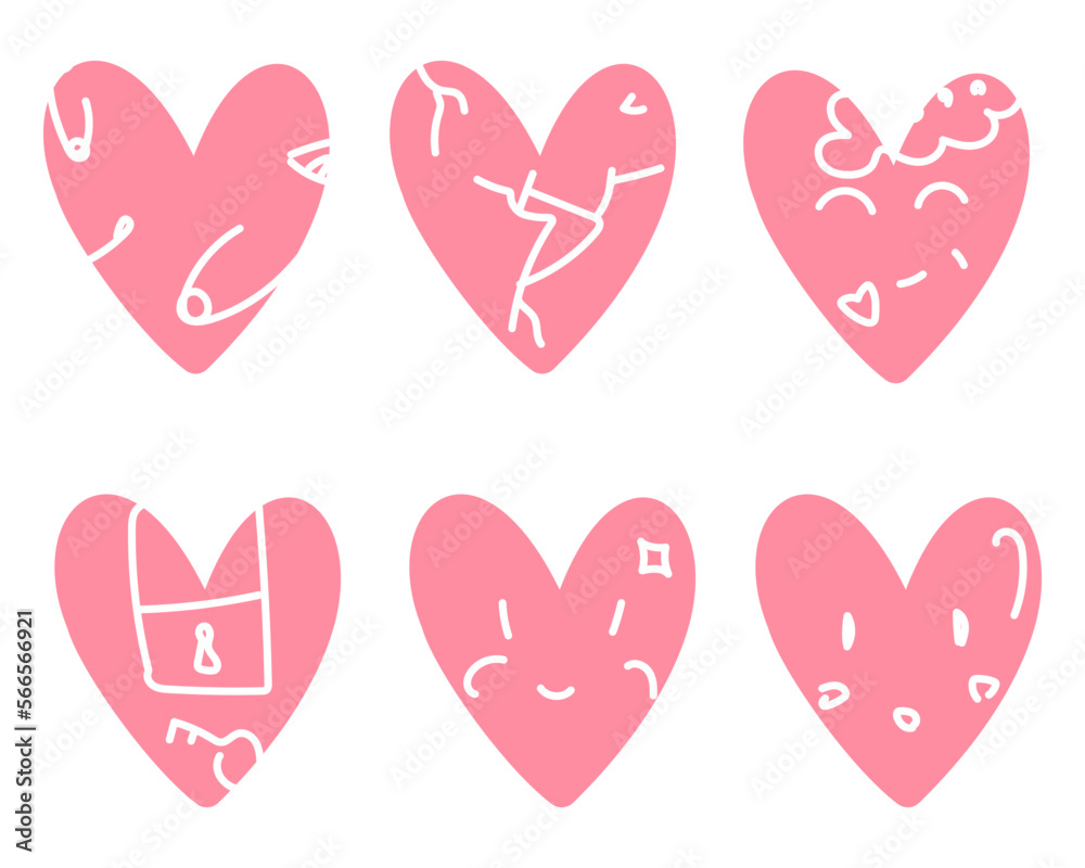  valentines cards set, doodle drawn, valentine day fun and cute  stickers pack