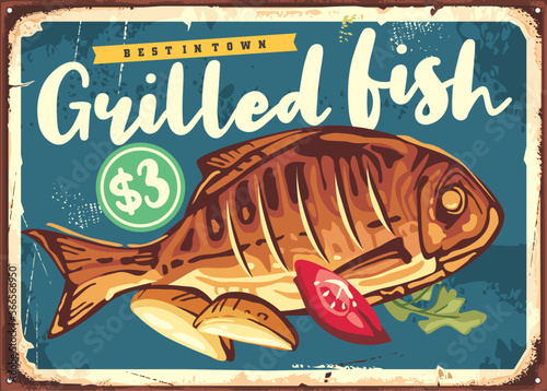 Grilled and roasted fish vintage menu design vector sign. Retro seafood restaurant sign concept with tasty fish and fried potatoes graphic.