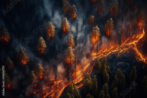 View of a raging forest fire. Generative AI.