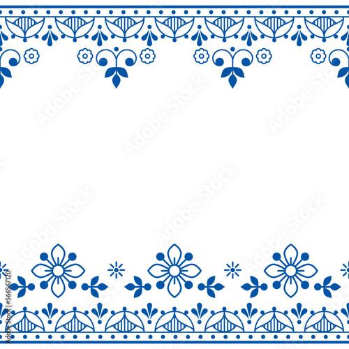 Scandinavian folk art outline vector greeting card and seamless texttile pattern, navy blue retro design with flowers 
