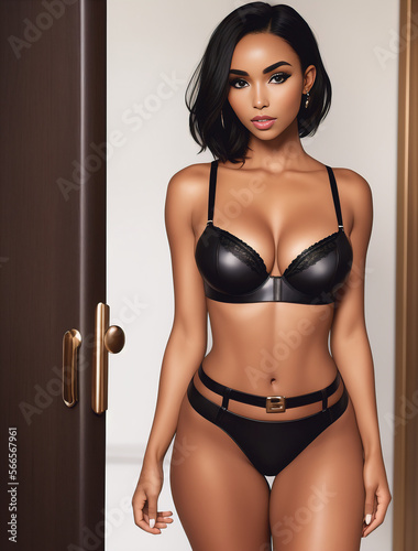 Beautiful sexy dark fashion model in a black bra and panties stands in an erotic pose, brown skin, short black hair. Generative AI
