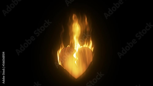 Abstract fiery burning in a flame loving heart broken from love with a crack on a black background. Video 4k, motion design