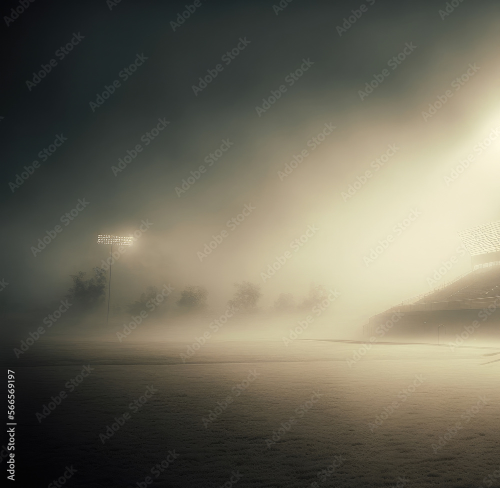 football field with heavy fog during nightime