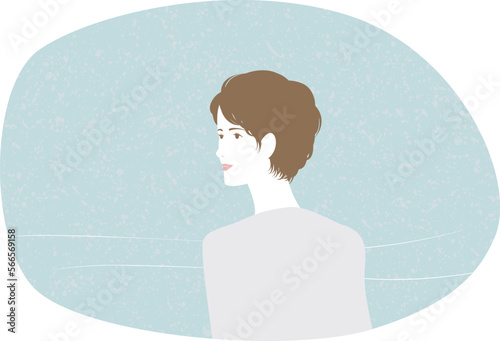 斜め後ろから見るミドルの女性のおだやかな表情。