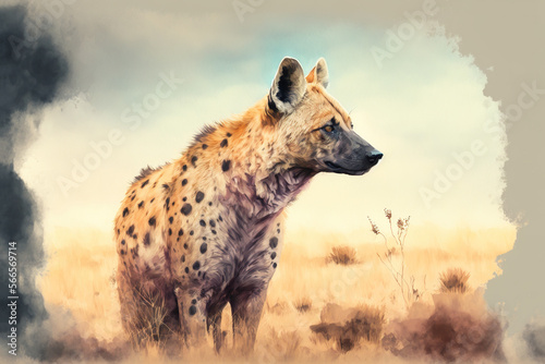 Digital watercolor painting of a hyena in Africa. Generative AI 