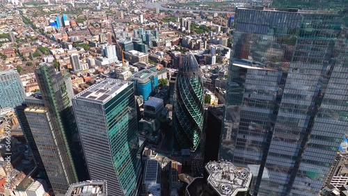 Close up aerial view of Bishopsgate,  Nat west Tower and the Gherkin towers, City of London, UK. photo